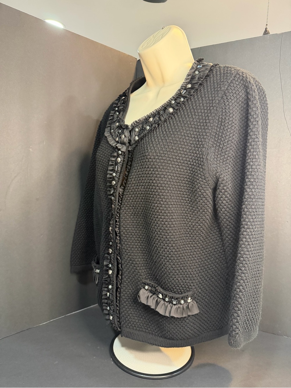 Ruby Rd. Black Embellished Knit Cardigan with Ruffle Trim - Picture 3 of 6